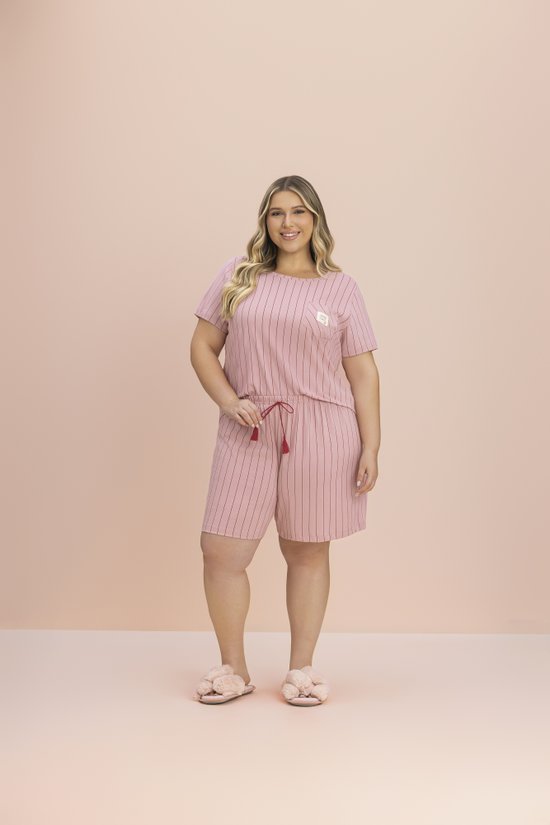 Pijama Manga Curta Plus Size Malha100% Algodão Entre Listra