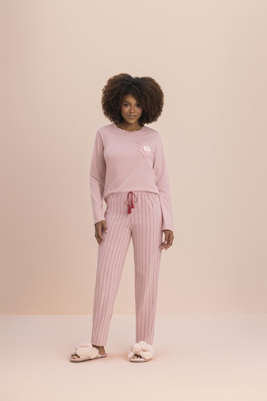Pijama Manga Longa Feminino Malha 100% Algodão Entre Listras 