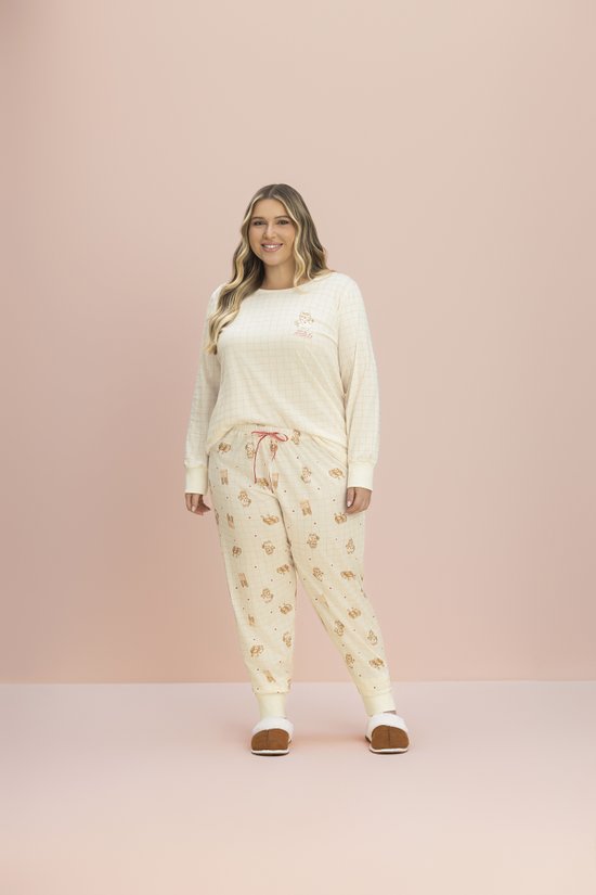 Pijama Manga Longa Feminino Plus Size Malha 100% Algodão Pãozinho
