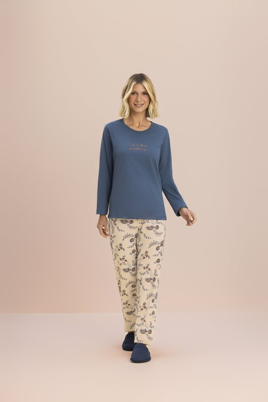 Pijama Manga Longa Feminino Malha 100% Algodão Rosas Azuis 