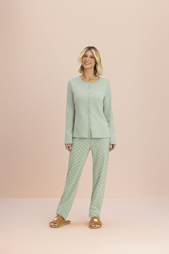 Pijama Manga Longa Feminino Aberto Malha 100% Algodão Calêndula 