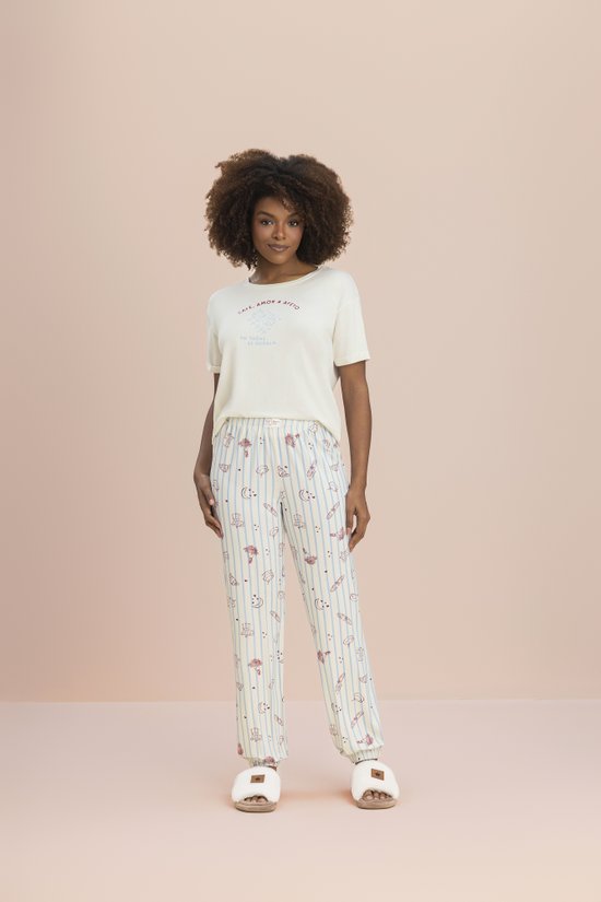 Pijama Manga Curta Com Calça Feminino Viscose Croissant