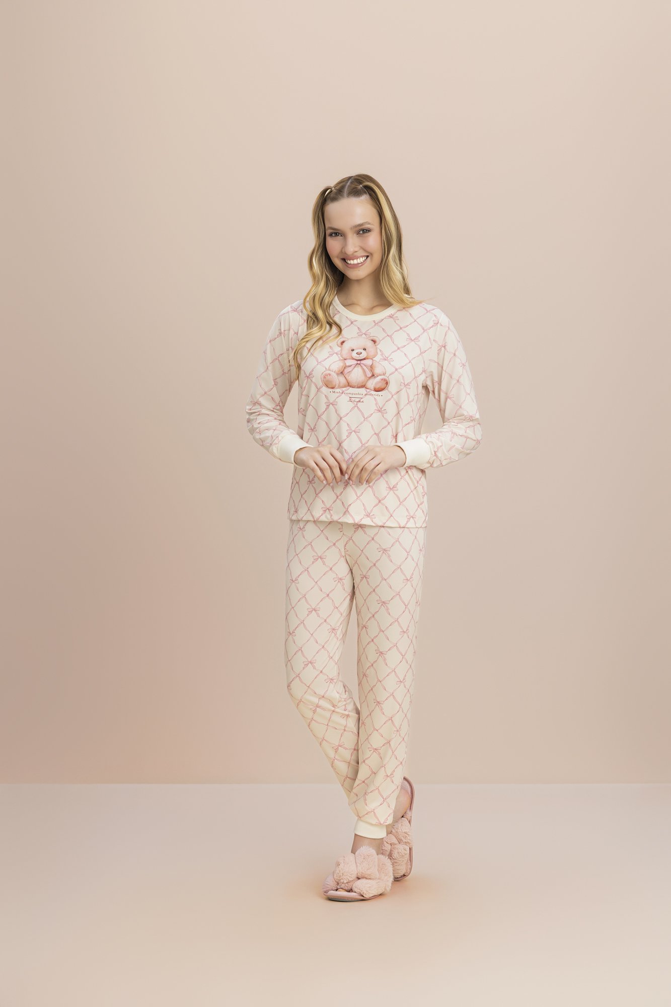 Pijama Manga Longa Feminino Peach Sublime Teddy Laço