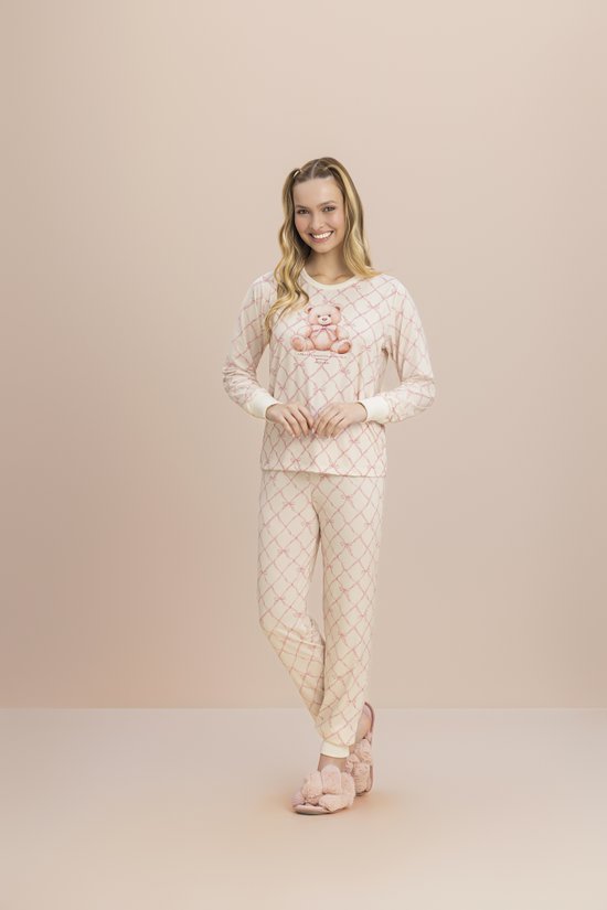 Pijama Manga Longa Feminino Peach Sublime Teddy Laço 