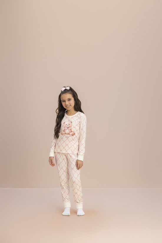 Pijama Manga Longa Feminino Infantil Peach Sublime Teddy Laços 