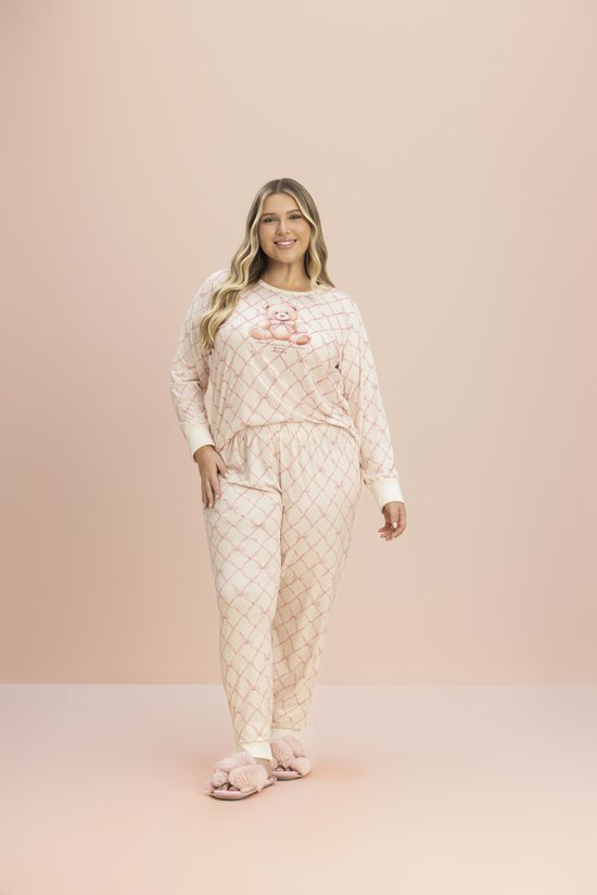 Pijama Manga Longa Feminino Plus Size Peach Sublime Teddy Laços