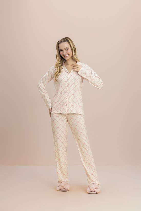 Pijama Manga Longa Feminino Aberto Teddy Laço 