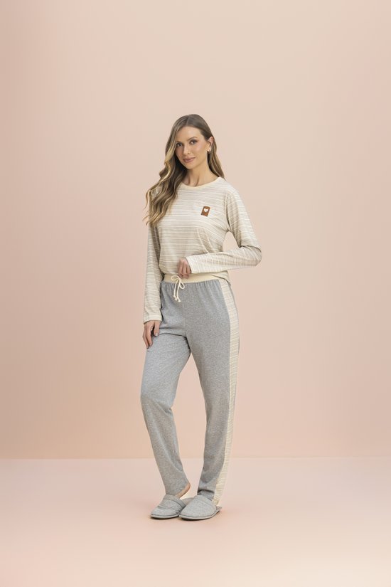 Pijama Manga Longa Feminino Malha Mescla Bem-Estar