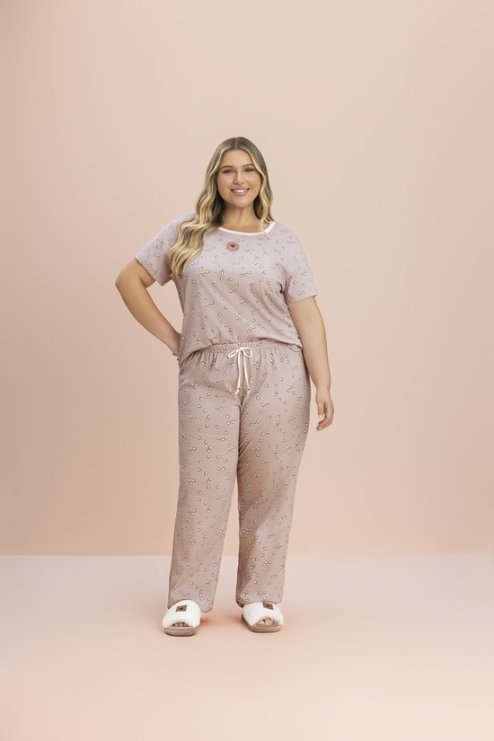 Pijama Manga Curta Com Calça Feminino Plus Size Malha 100% Algodão Ritmo do Coração 