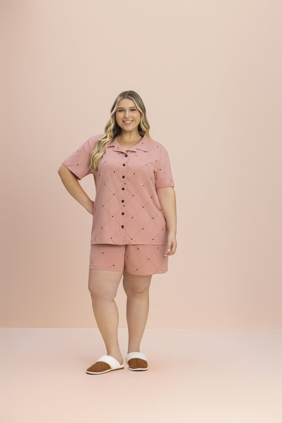 Pijama Short Doll Manga Curta Aberto Feminino Plus Size Malha 100% Algodão Relicário