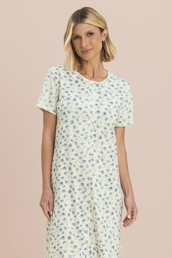 Camisola Feminina Aberta Com Botões Manga Curta 100% Algodão Estampa Hortência