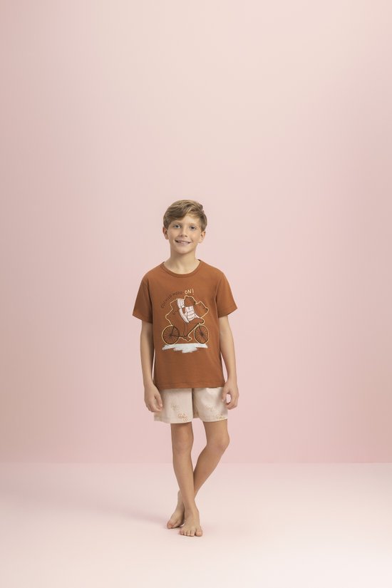 Pijama Infantil Masculino Manga Curta 100% Algodão Macio e Confortável Andando de Bike Lua Encantada