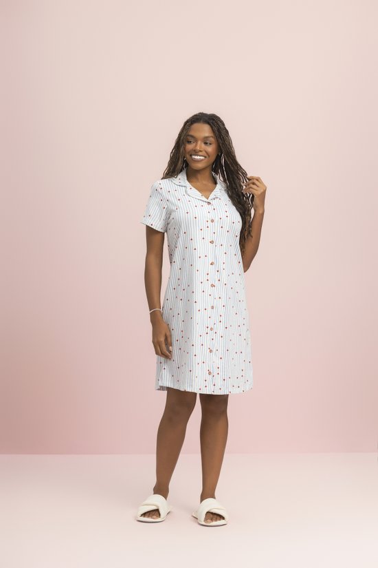 Camisola Feminina Manga Curta Aberta 100% Algodão Amor em Listras Lua Encantada
