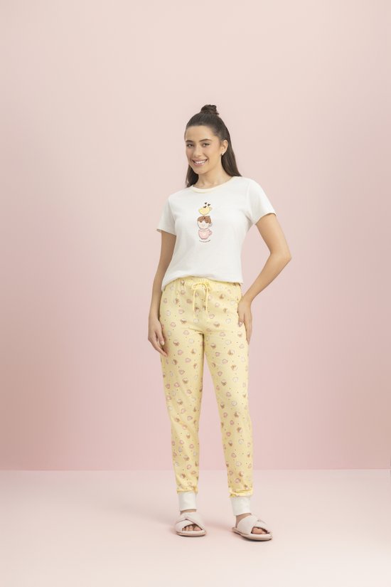 Pijama Feminino Manga Curta com Calça 100% Algodão Café Au Au  Lua Encantada 