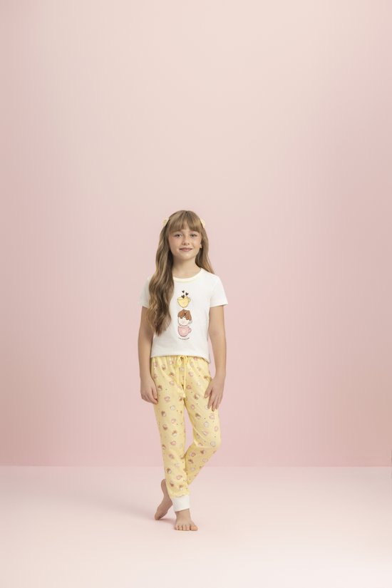Pijama Feminino Infantil Juvenil  Manga Curta com Calça Café Au Au Lua Encantada 