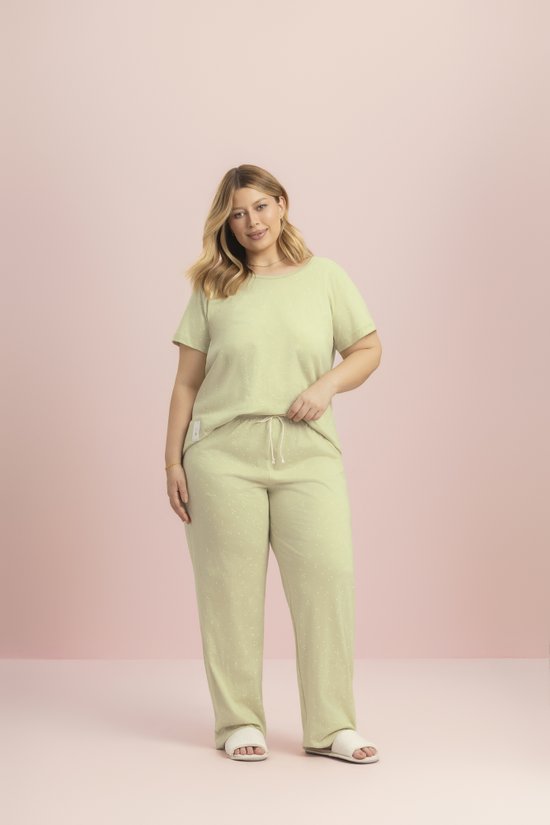 Pijama Feminino Plus Size Manga Curta com Calça 100% Algodão Pistache do Amor Lua Encantada 