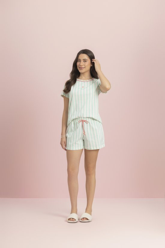 Pijama Short Doll Feminino Manga Curta 100% Algodão Manhã Calma Lua Encantada