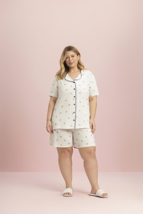 Pijama Short Doll Manga Curta Plus Size Feminino 100% Algodão Sustentável Iluminada Lua Encantada