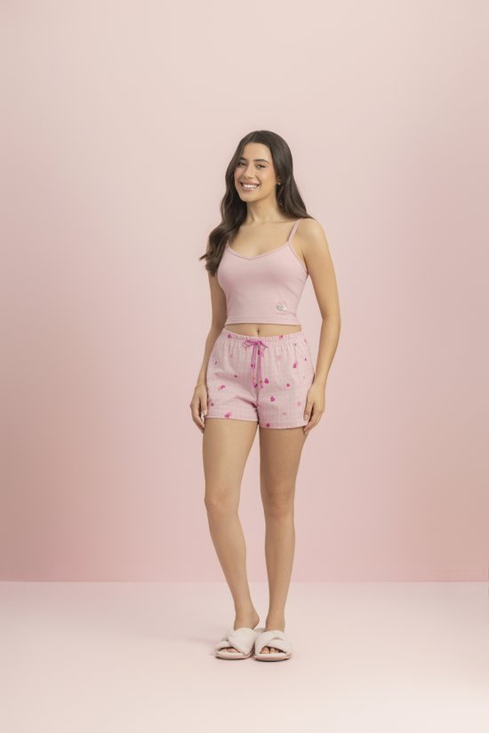 Pijama Short Doll Feminino Cropped de Alça Doce Coração Lua Encantada