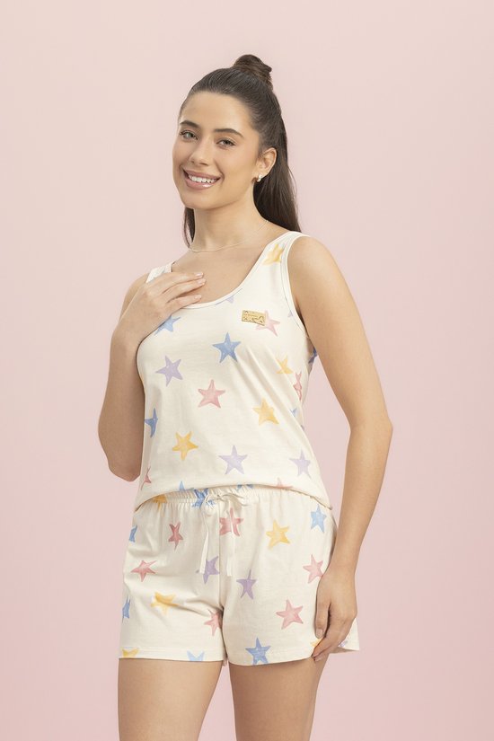 Pijama Short Doll Regata Feminino 100% Algodão Aquarela Astral Lua Encantada
