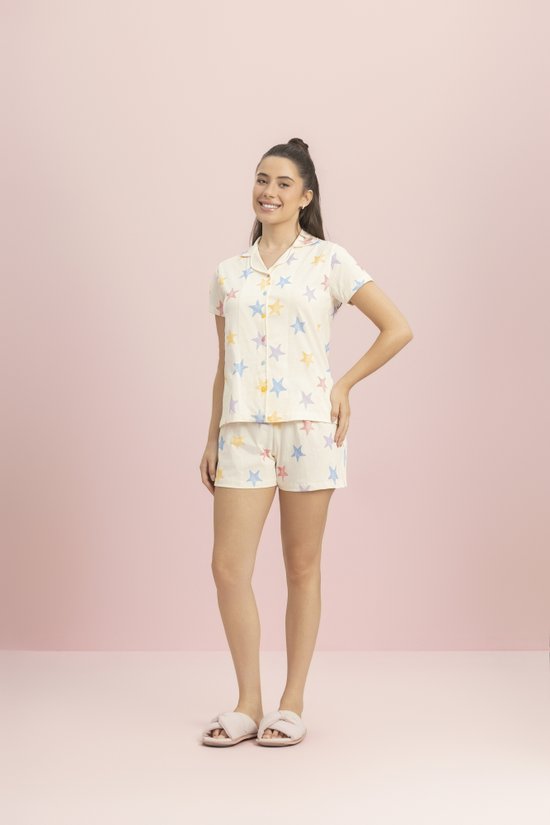 Pijama Feminino Short Doll Manga Curta Aberto 100% Algodão Aquarela Astral Lua Encantada